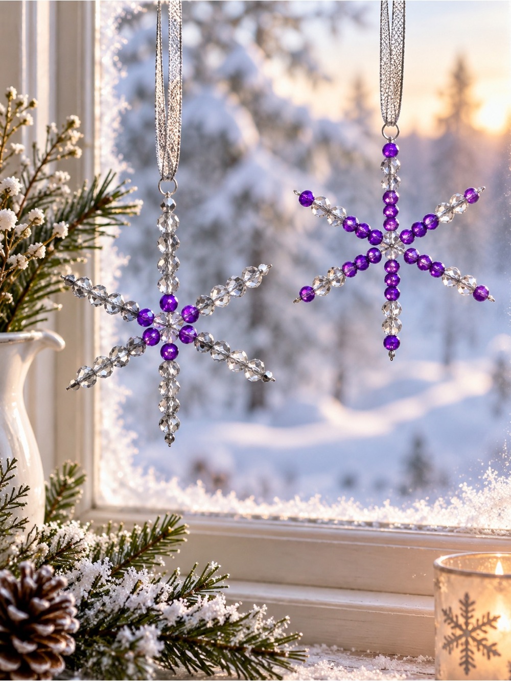 Snowflake Christmas Tree Ornaments Window Charms Set of 2 Handmade
